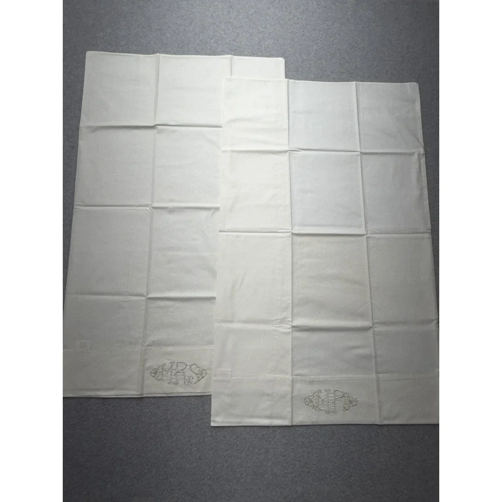 Pacific Percale Pillowcases‎ Set of 2 Mr & Mrs Embroidered Made in USA 42x38.5